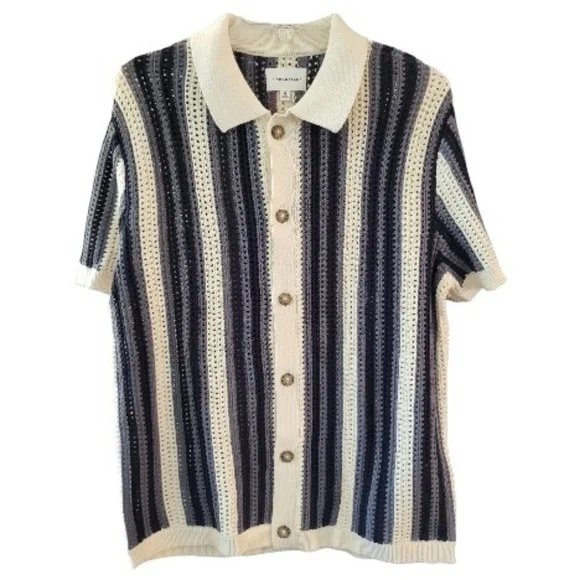 NWT Lucky Brand Men's Stripe Button Through Sweater In Whitecap Gray - Size M - Picture 4 of 11